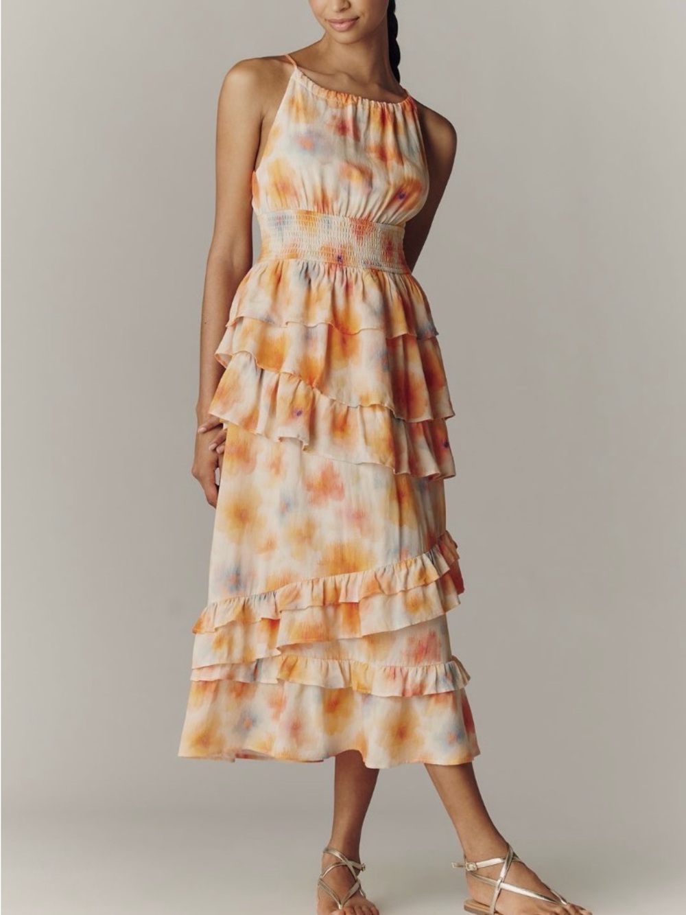 Summery Tie-Dye Tiered Ruffle Halter Midi Dress - Orange Multi Anthropologie